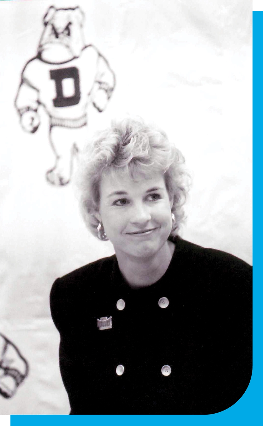 Black and white image of a woman in a blazer with a bulldog illustration in the background.