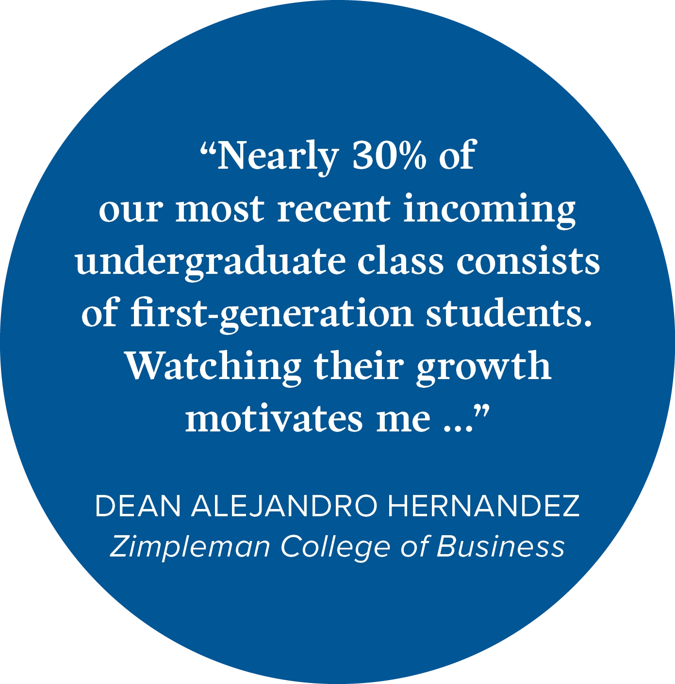 “Nearly 30% of our most recent incoming undergraduate class consists of first-generation students. Watching their growth motivates me ...” Dean Alejandro Hernandez, Zimpleman College of Business