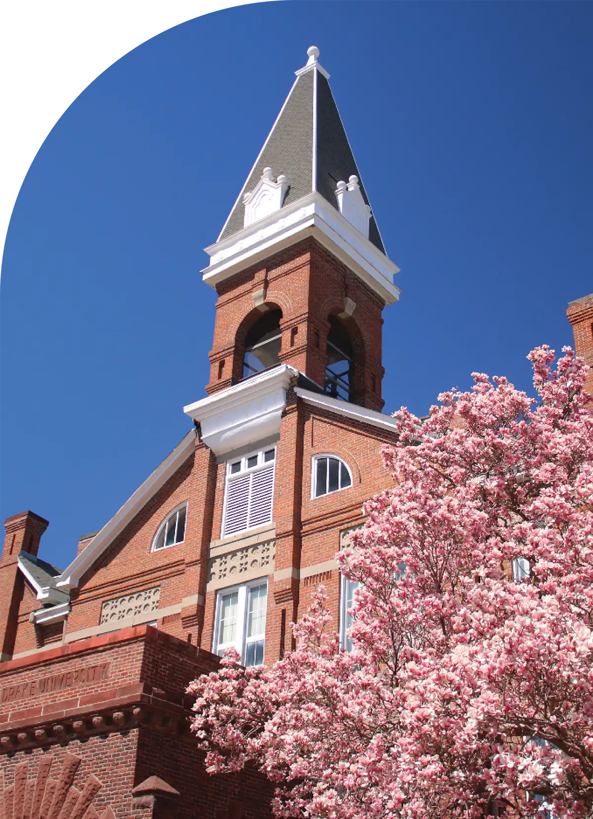 Red brick building with a tall spire and pink blossoming tree in the foreground under a clear blue sky.