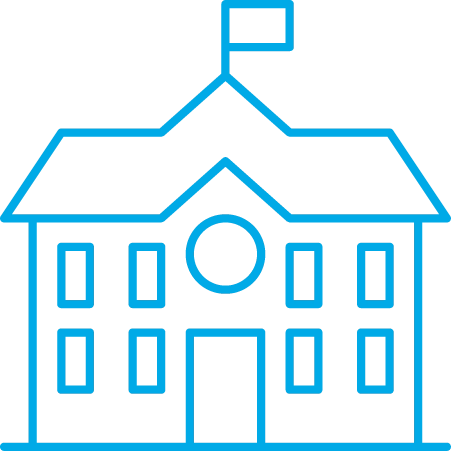 Line drawing of a school building with five windows and a circular window