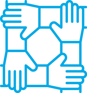 Four hands holding each other's wrists, forming a square.