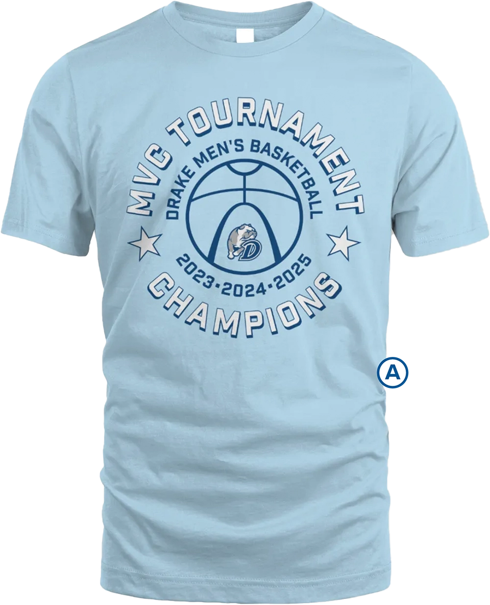 Light blue T-shirt with "MVC TOURNAMENT CHAMPIONS" and a basketball graphic featuring a bulldog mascot.