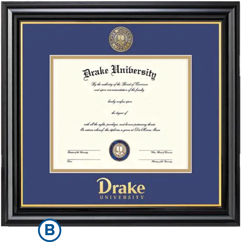 Framed Drake University diploma with university seal and gold accents.