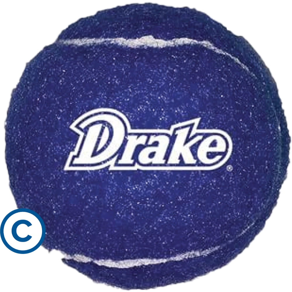 Blue tennis ball with "Drake" logo and copyright symbol.