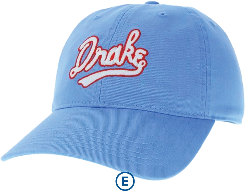 Light blue baseball cap with "Drake" embroidered in white and red cursive on the front.