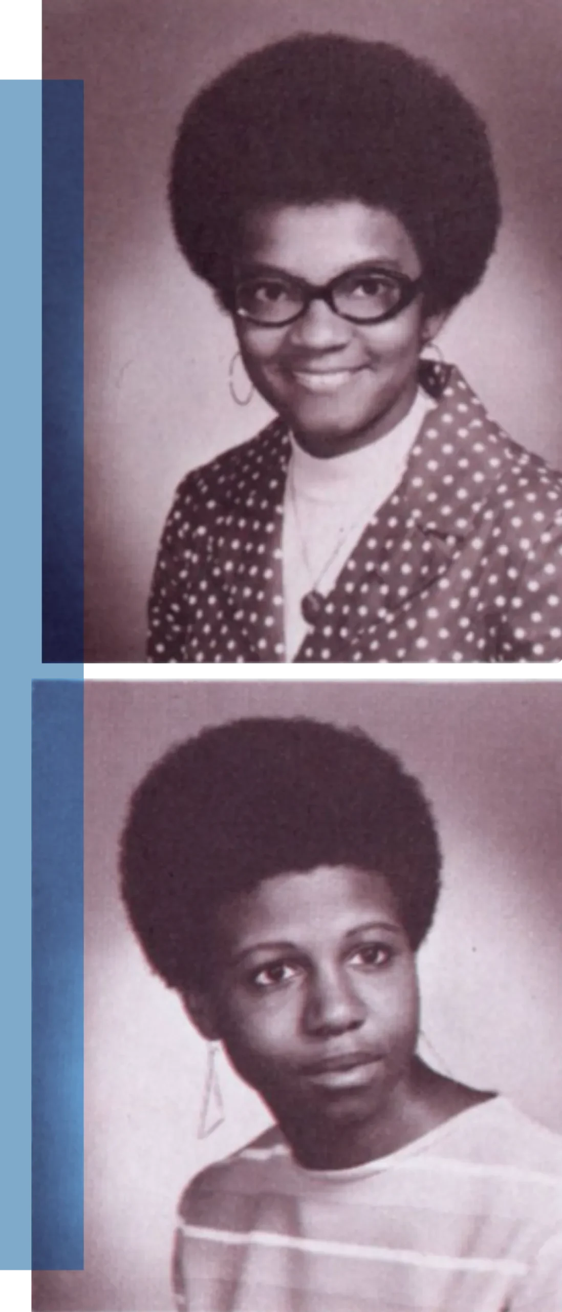 Two black-and-white portraits of young Black women with natural hairstyles, including one wearing a polka-dot blazer and glasses and another in a striped shirt.
