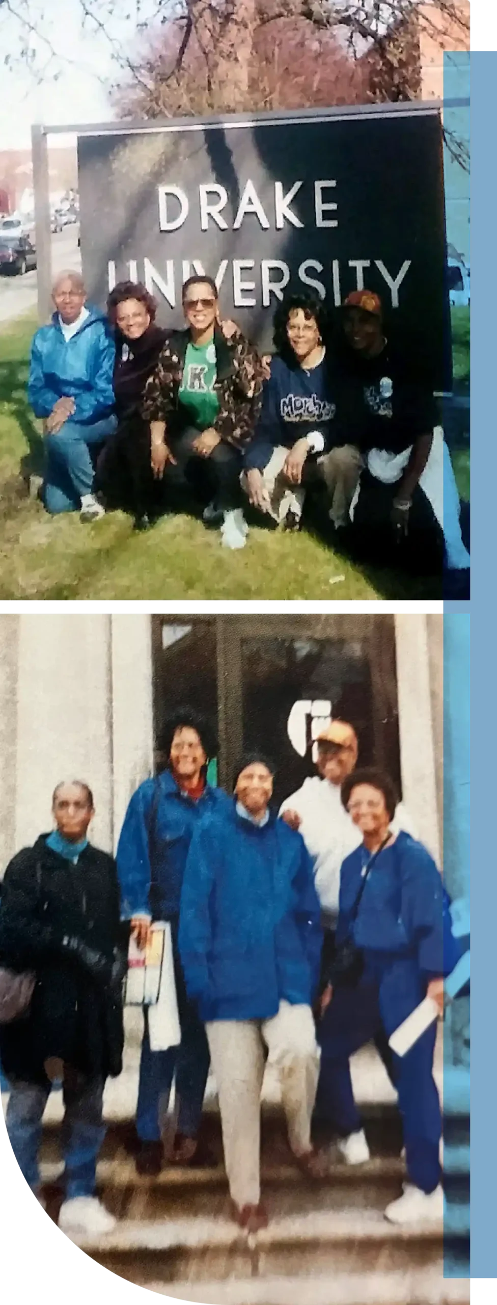 Alumnae of Drake University posing for group photos on campus.