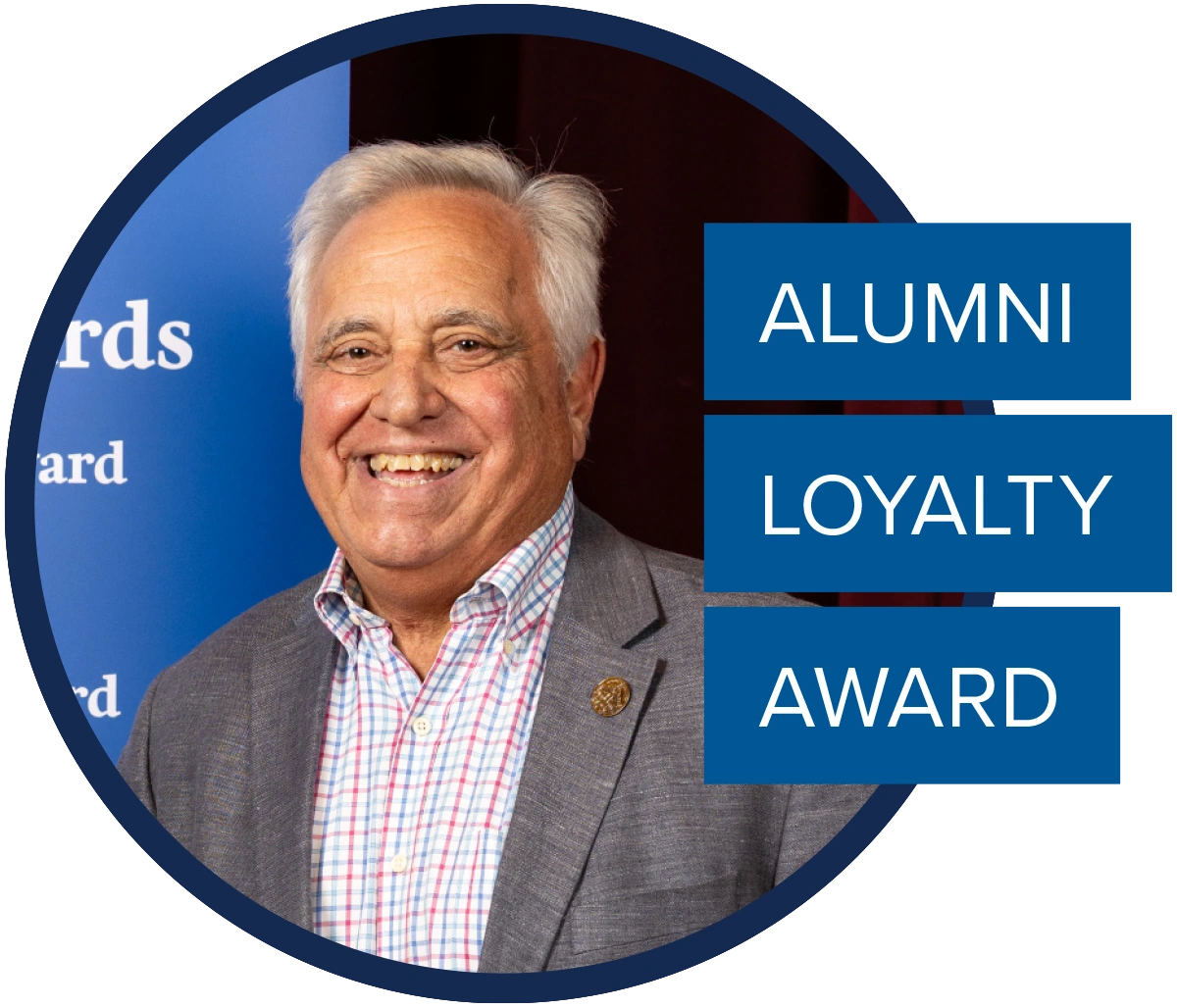 Circular headshot of Frank Ursini; text overlay reads "ALUMNI LOYALTY AWARD."