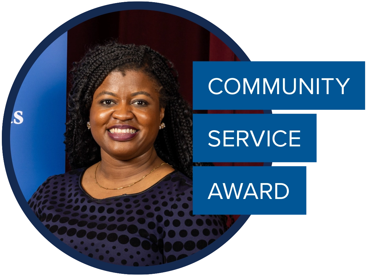 Circular headshot of Deidre DeJear; text overlay reads "COMMUNITY SERVICE AWARD."
