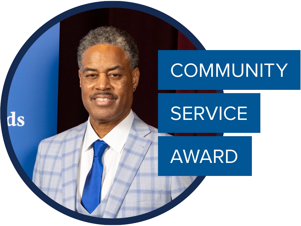 Circular headshot of Hosea James Givan II; text overlay reads "COMMUNITY SERVICE AWARD."