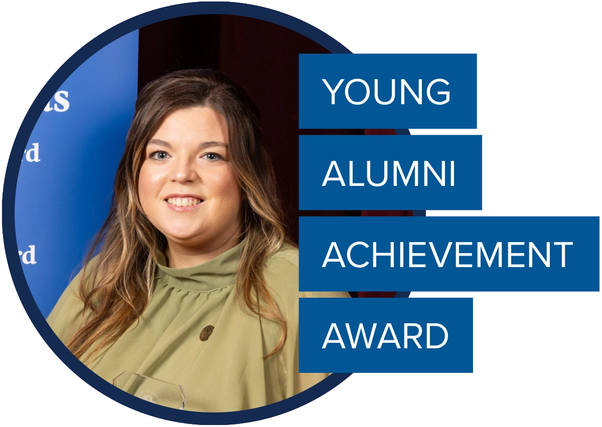 Circular headshot of Sarah Porter; text overlay reads "YOUNG ALUMNI ACHIEVEMENT AWARD."