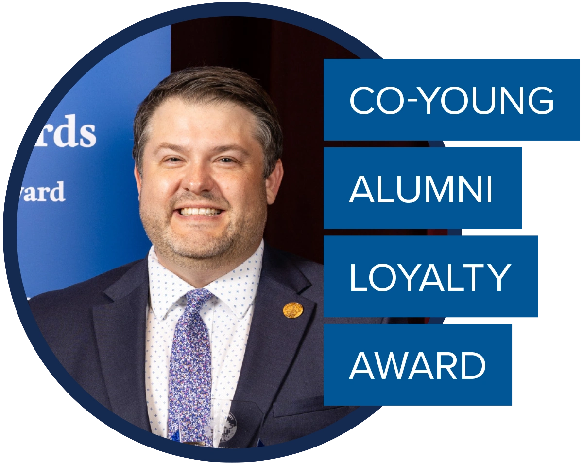 Circular headshot of Tony Tandeski; text overlay reads "CO-YOUNG ALUMNI LOYALTY AWARD."