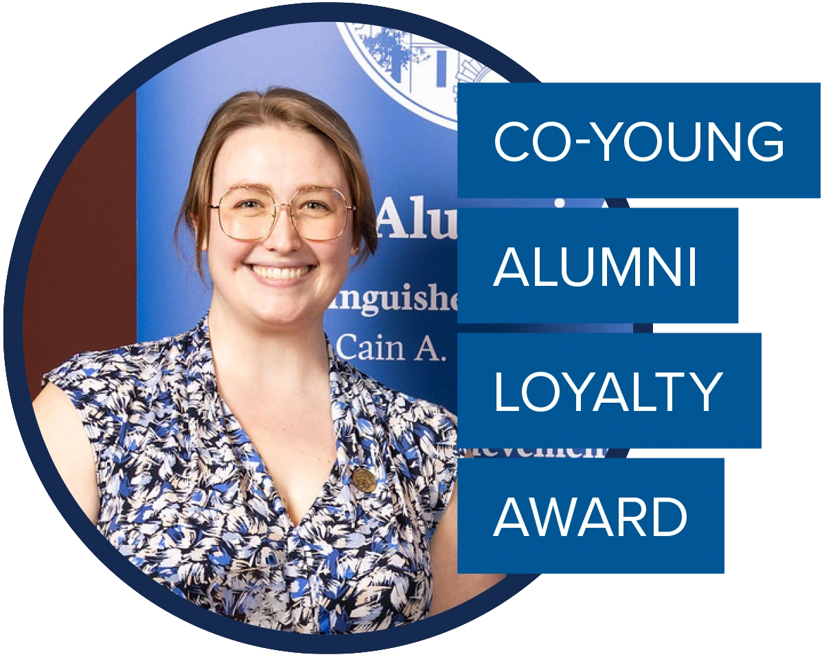 Circular headshot of Annelise Tarnowski; text overlay reads "CO-YOUNG ALUMNI LOYALTY AWARD."