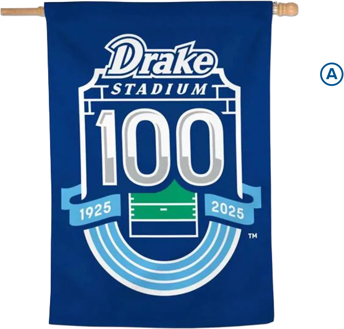 A dark blue decorative house flag featuring the Drake Stadium 100th Anniversary logo and dates 1925–2025.