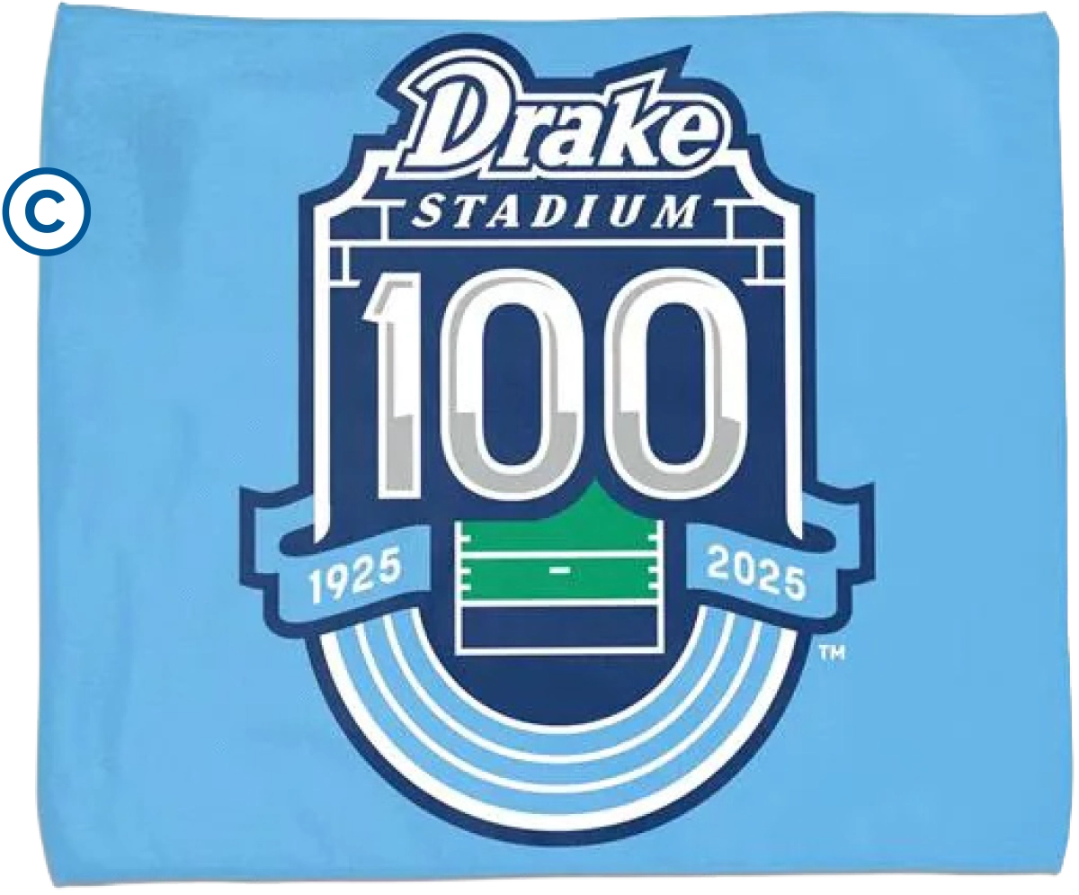 A light blue rectangular towel featuring a large Drake Stadium 100th Anniversary logo.