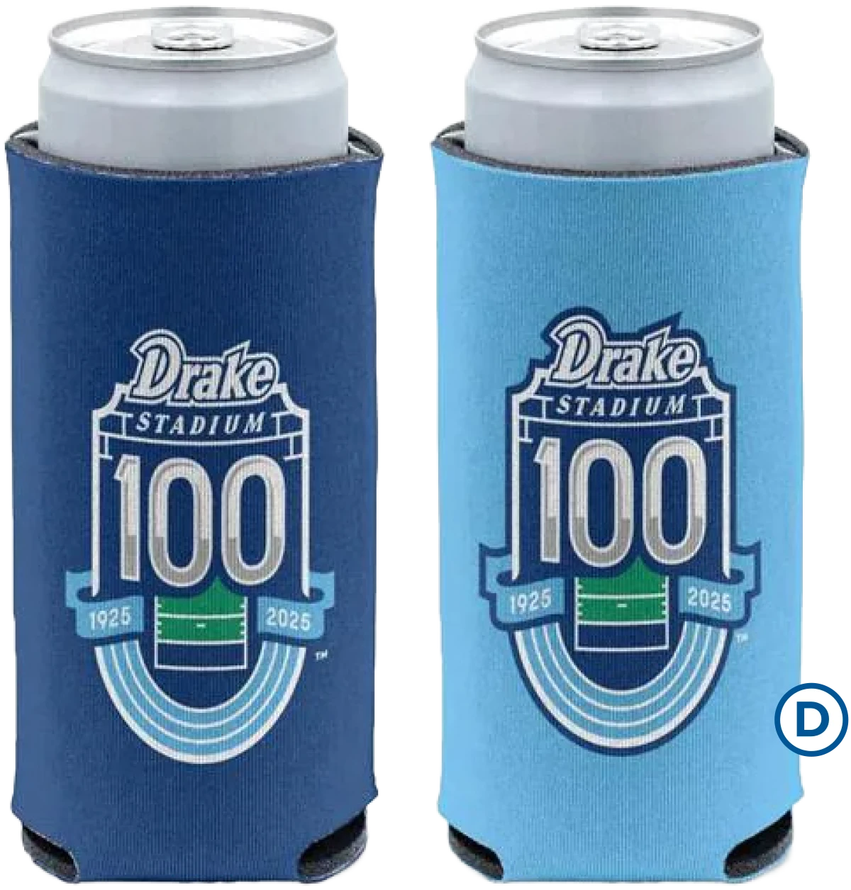 Two beverage can insulators, one dark blue and one light blue, both featuring the Drake Stadium 100 logo.