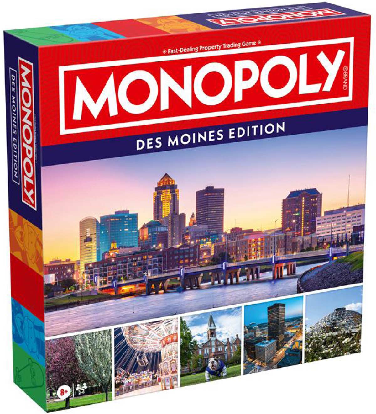 The box for Monopoly Des Moines Edition featuring the city skyline at sunset and several local landmark photos.