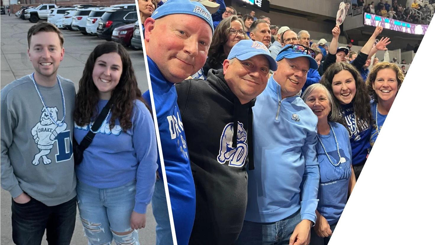 Two-panel collage showing a young couple in Drake apparel and a large group of fans in blue gear smiling at a stadium event.