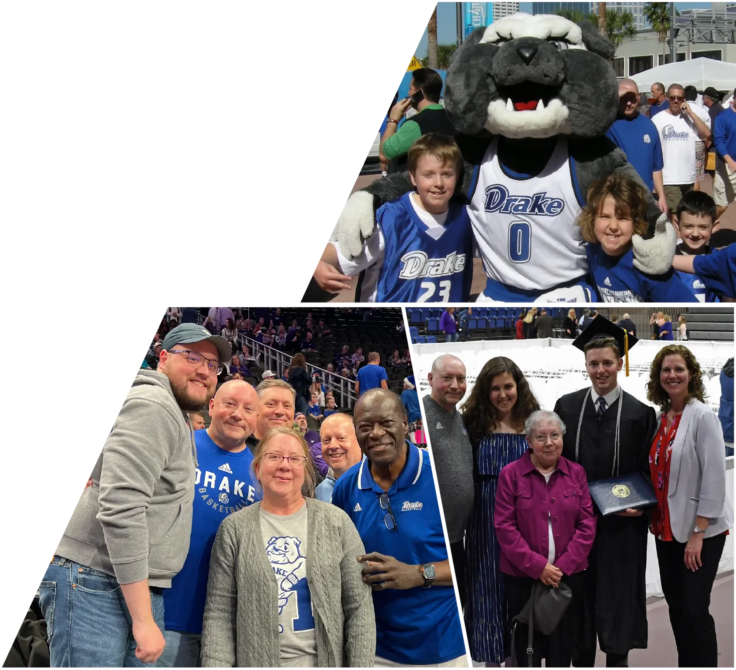 Collage featuring children with the Drake mascot, a group of fans, and a graduate posing with family in commencement attire.