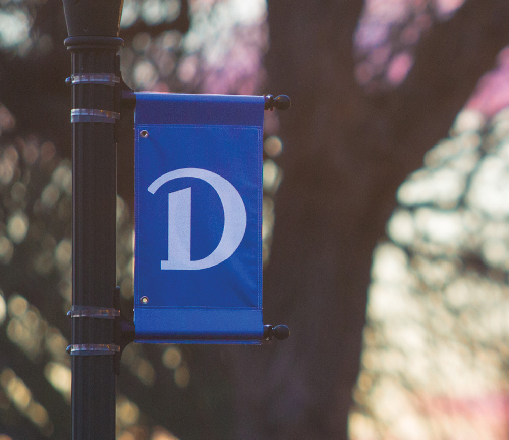 A vertical blue banner hanging from a black lamp post features a large white stylized letter D. The background shows blurred autumn trees in soft natural light.