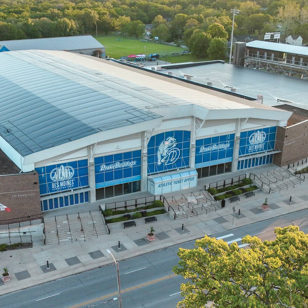 An aerial/exterior view of the athletic facility where the Drake Bulldogs play their home basketball and volleyball games.
