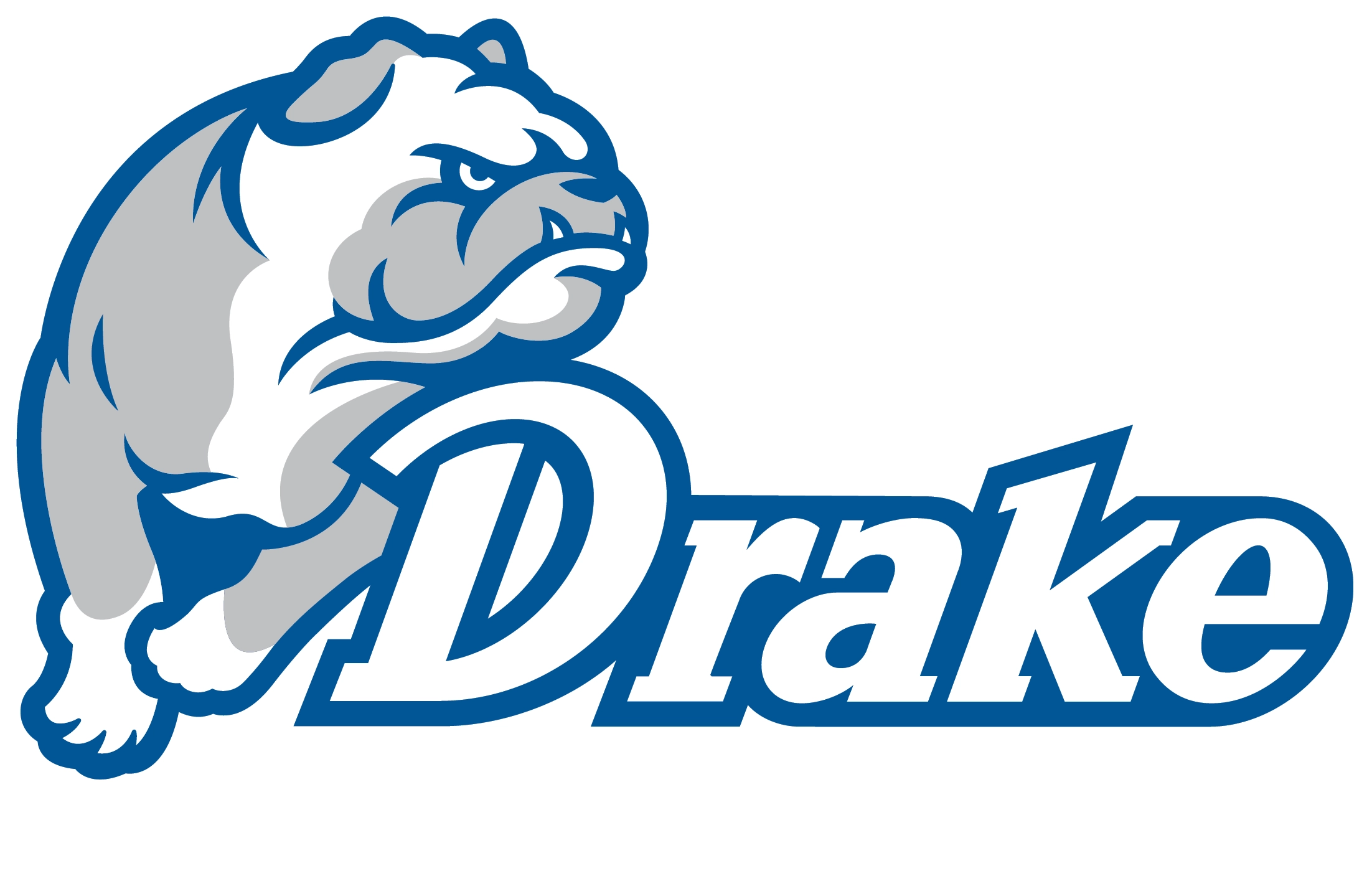 Drake Bulldogs logo featuring a fierce grey and blue bulldog above the white italicized words "Drake Basketball".