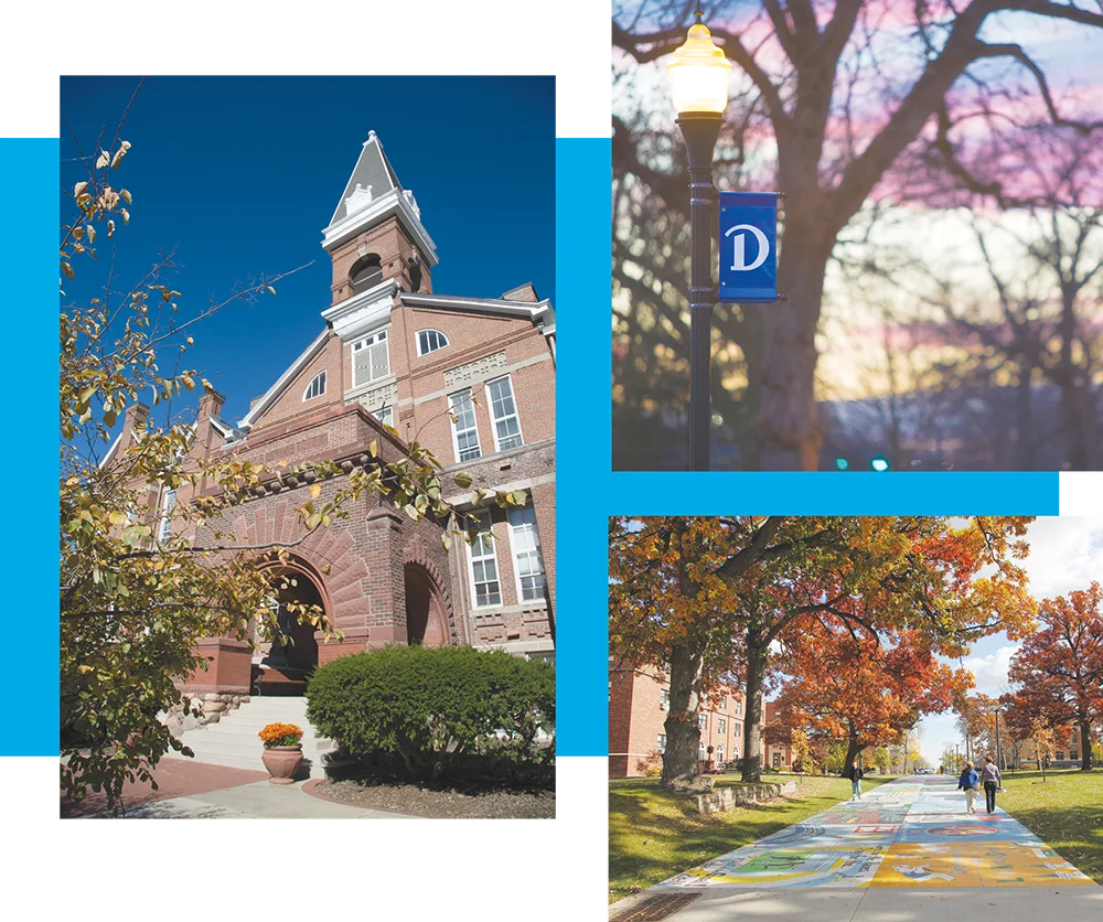 Photo collage featuring a historic brick campus building, a street lamp with a Drake D banner, and a colorful painted sidewalk in autumn.