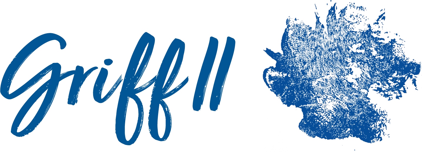 Blue script text reading "Griff II" positioned next to a blue stamped paw print.