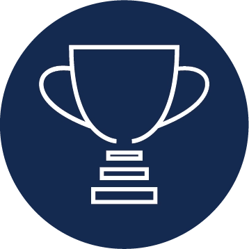 White line icon of a trophy cup on a dark blue circular background.