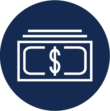 White line icon of a stack of dollar bills on a dark blue circular background.