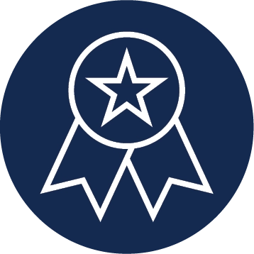 White line icon of an award ribbon medal with a star on a dark blue circular background.