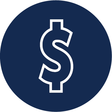 White outline of a dollar sign on a dark blue circular background.