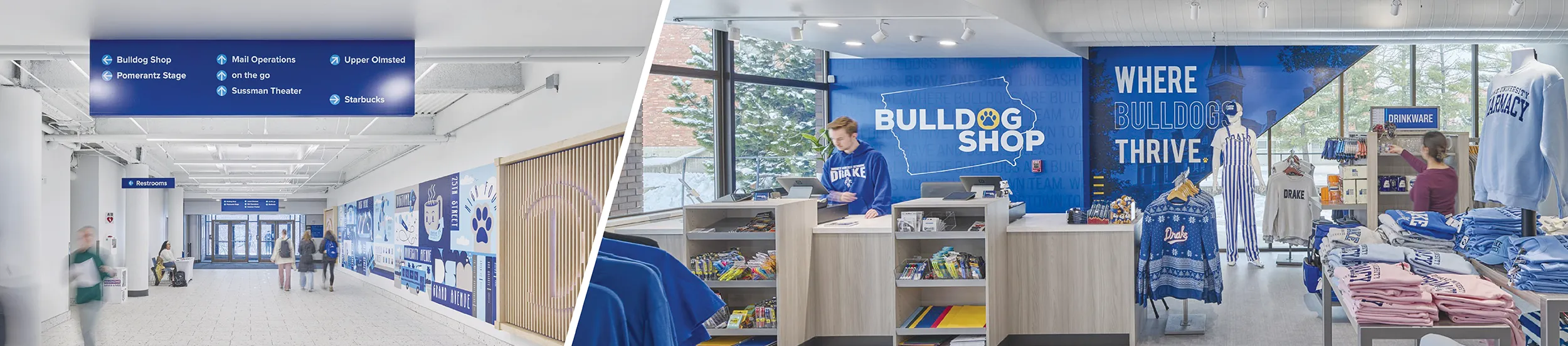 Split photo showing a directional hallway sign and a store counter inside the Drake Bulldog Shop.