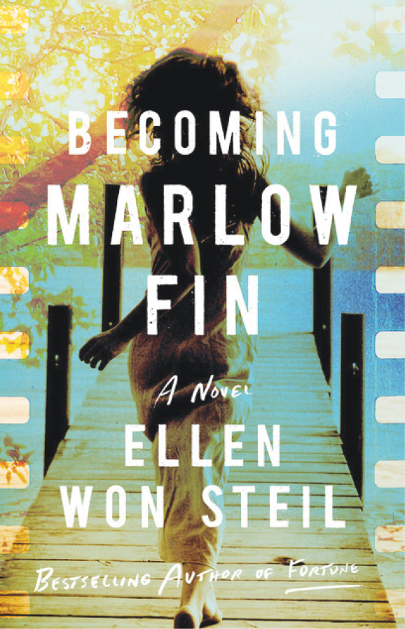 Book cover titled "Becoming Marlow Fin: A Novel" by Ellen Won Steil, featuring a silhouette walking down a wooden dock.