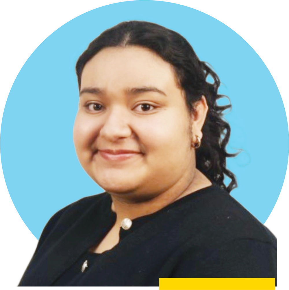 Brittany Ortega with dark curly hair tied back against a bright blue circle background.