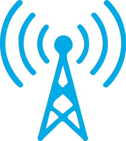 A bright blue broadcast tower icon emitting radio waves.