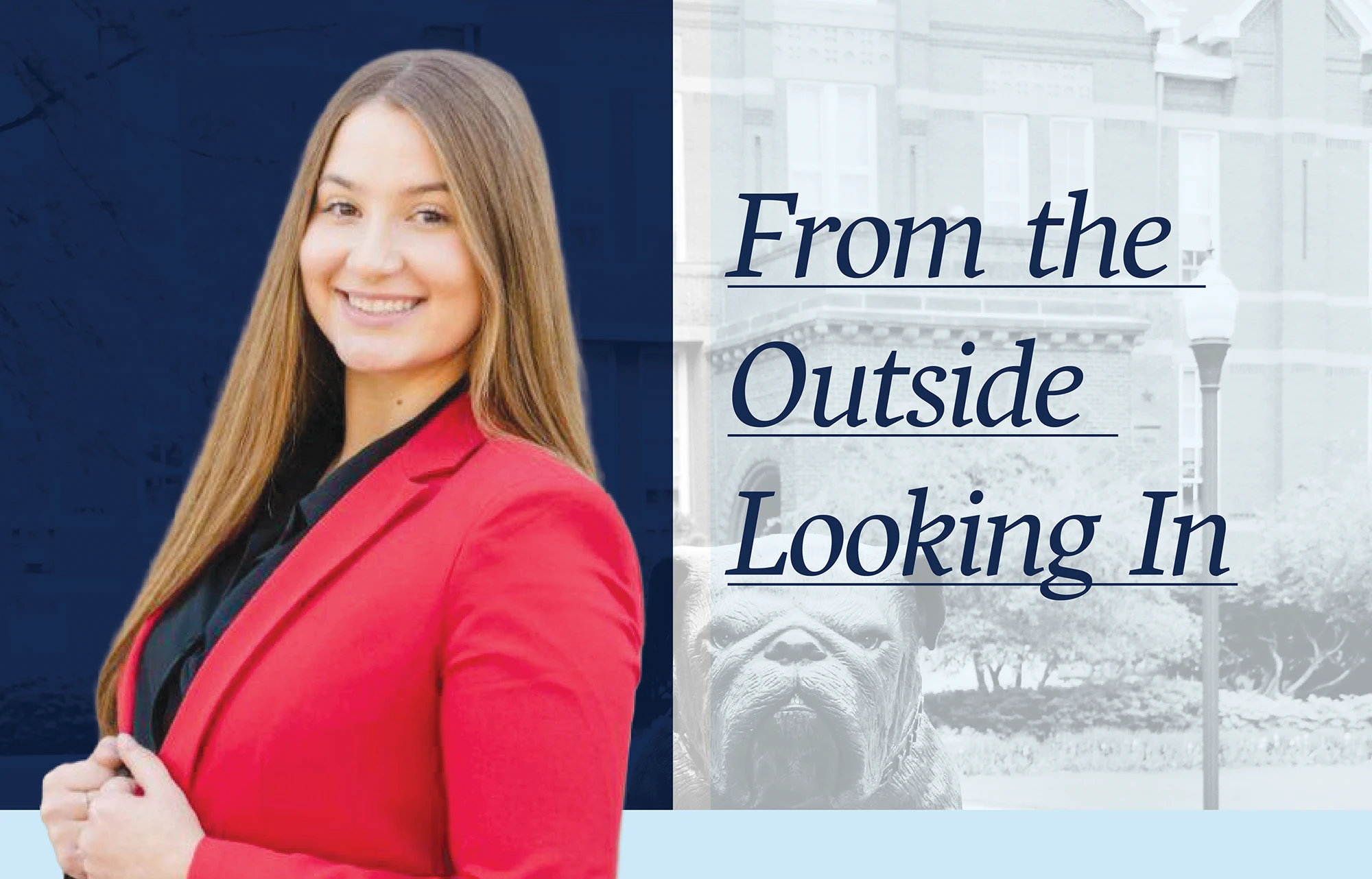 Graphic of a smiling Samra Aksamovic in a red blazer with text reading "From the Outside Looking In".